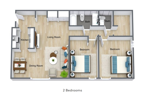 A floor plan of a house with two bedrooms, a living room, a kitchen, and a dining room.